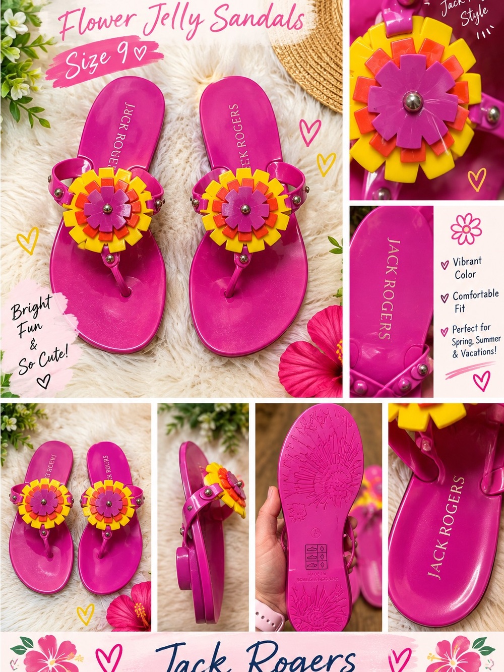 Jack Rogers Flower Jelly Sandals – Hot Pink/Fuchsia – Size 9 🌸